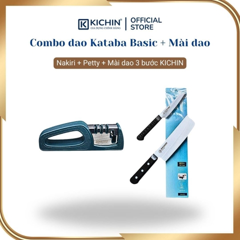 Combo dao Kataba Basic Nakiri + Petty + Dụng cụ mài dao 3 bước KICHIN