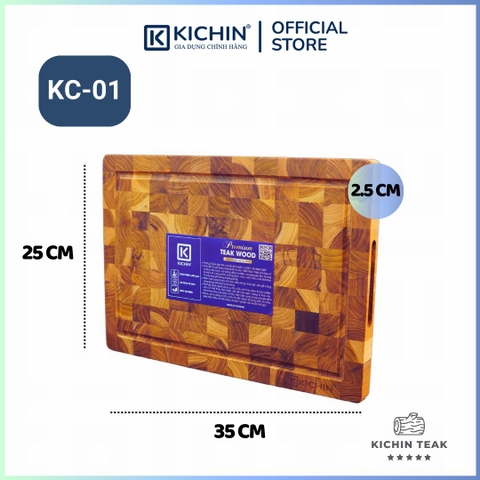 Thớt gỗ teak cao cấp KICHIN cỡ vừa dày 2.5cm KC01 - thớt hình chữ nhật kích thước 25x250x350mm