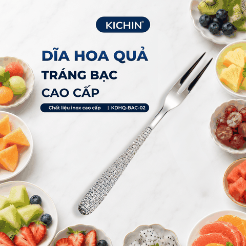 Dĩa Hoa Quả Inox 304 Cao Cấp KICHIN - Cán Vân Ánh Bạc Sang Trọng, Chống Gỉ KDHQ-BAC-02