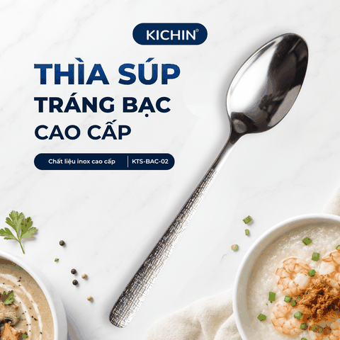 Thìa Súp Inox 304 Cao Cấp KICHIN - Cán Vân Ánh Bạc Sang Trọng, Chống Gỉ KTS-BAC-02