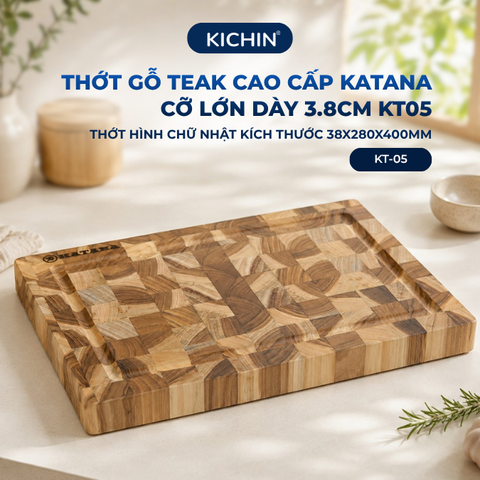 Thớt gỗ teak cao cấp KATANA cỡ lớn dày 3.8cm KT05 - thớt hình chữ nhật kích thước 38x280x400mm