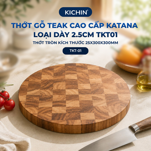 Thớt gỗ teak cao cấp KICHIN loại dày 2.5cm TKT01 - thớt tròn kích thước 25x300x300mm