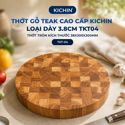 Thớt gỗ teak cao cấp KICHIN loại dày 3.8cm TKT04 - thớt tròn kích thước 38x300x300mm