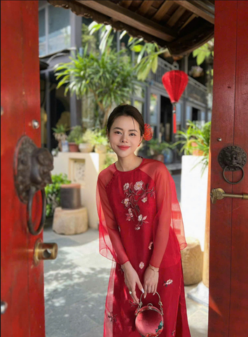 Áo dài voan tơ nhẹ đỏ xuân kiều