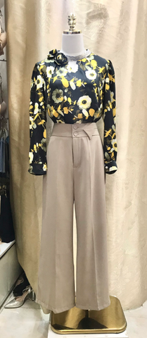 Áo sơmi lụa cao cấp cổ lọ đính nơ hoa vàng huyền bí