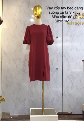 Váy dáng xuông tay bồng 3 cúc đỏ đô L