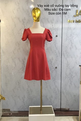 Váy xòe cổ vuông tay bồng Đỏ Cam