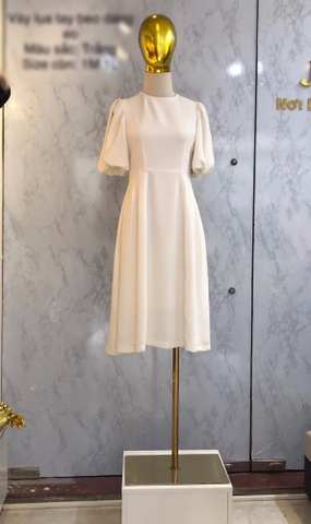 Váy lụa trượt xòe 2 li tay bồng cao cấp trắng M