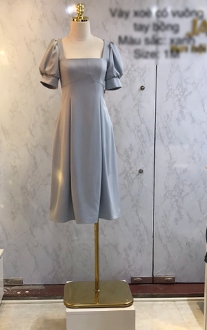 Váy xòe cổ vuông tay bồng Xanh lam