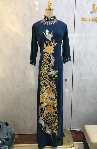 Áo dài lụa đính đá mẹ cổ cao Xanh Dương