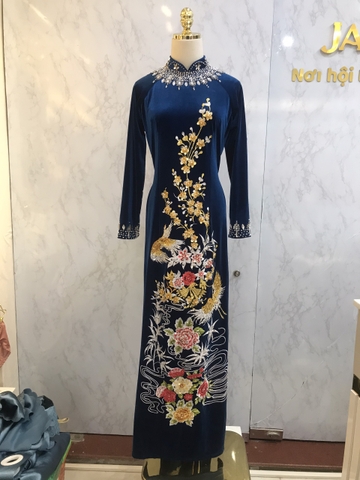 Áo dài lụa đính đá mẹ cổ tròn Xanh Dương