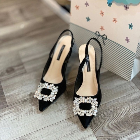 Giày cao gót thời trang cao cấp nơ vuông đá black