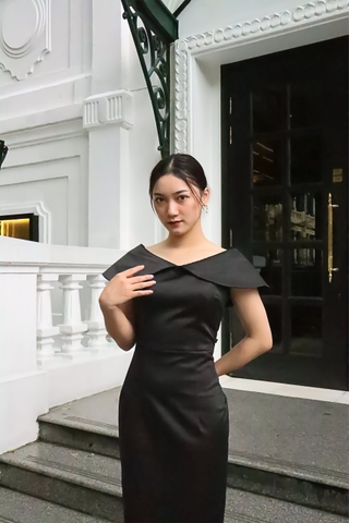 Váy lụa ép hai mặt cao cấp cổ hoa sen Đen