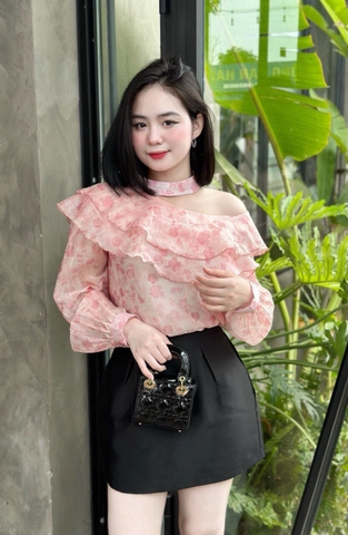 Áo kiểu von lệch vai đai cổ họa tiết hoa cao cấp