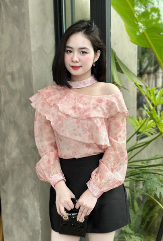 Áo kiểu von lệch vai đai cổ họa tiết hoa cao cấp