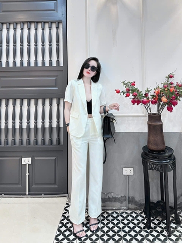 Set vest cộc tay đệm vai quần ống suông cao cấp