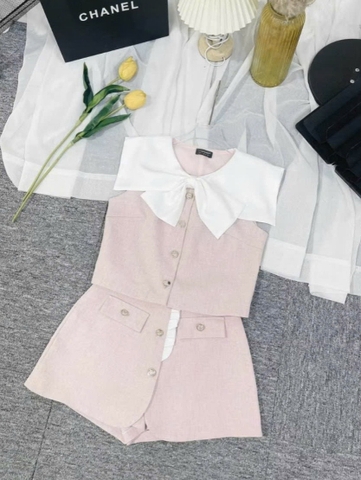 Sét chân váy ngắn cổ nơ cao cấp