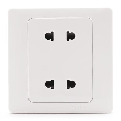 Bộ Ổ cắm đôi 2 chấu dùng cho chấu tròn và dẹt, 10A 250V~ chuẩn vuông màu trắng Simon 50 51072