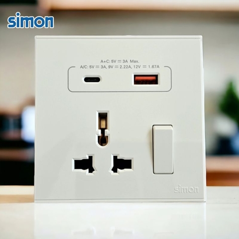 Bộ ổ cắm đa tiêu chuẩn có công tắc và cổng sạc A+C màu Sâm Panh (Champagne) Simon E6 72E7253-46