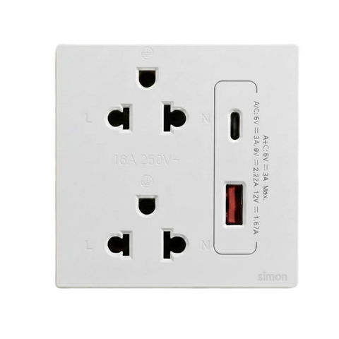 Bộ ổ cắm đôi chuẩn Âu Mỹ kèm cổng sạc A+ Type C màu trắng Simon S6 58E7251