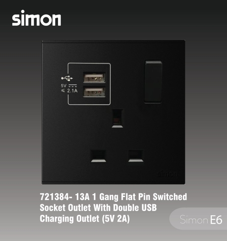 Simon E6 Simon E6 Bộ ổ cắm kiểu Anh 13A có cổng sạc USB (Đen), 721384-26