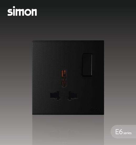 Simon E6 Bộ Ổ cắm đơn đa tiêu chuẩn 10A kèm công tắc (Đen), 721089-26