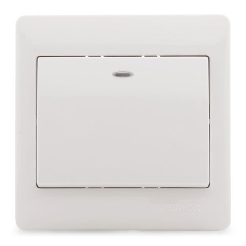 Bộ công tắc đơn, 1 chiều, 2 cực 32A, đèn LED xanh chuẩn vuông màu trắng Simon 50 53223BD