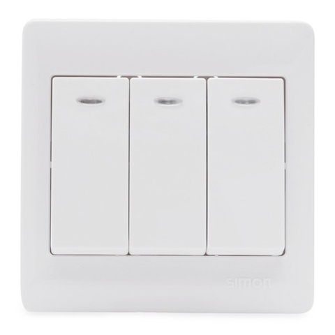 Bộ công tắc ba, 1 chiều có đèn LED chuẩn vuông mặt trắng Simon 50 51031BD