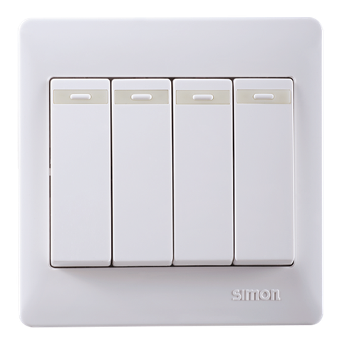 Bộ công tắc bốn, 2 chiều có dải phản quang chuẩn vuông màu trắng Simon 50 51042BTY