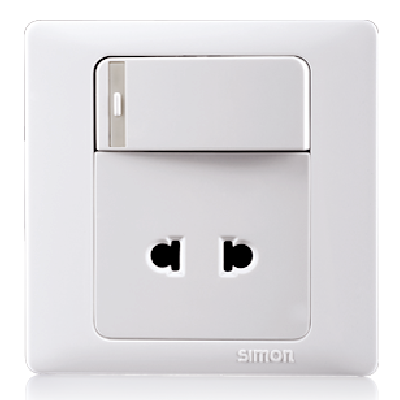 Bộ Ổ cắm 2 chấu dùng cho chấu tròn & dẹt kèm công tắc 2 chiều có dải phản quang. 10A 250V~ màu trắng Simon 50 51074BTY