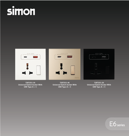 Simon E6 Multi-standard Socket with Switch and Type-A+C (Đen), 72E7253-26