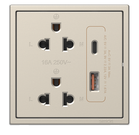 Bộ ổ cắm đôi 3 chấu chuẩn Âu Mỹ kèm ổ USB và Cổng sạc A+C màu sâm panh Simon i7 71E7251-46