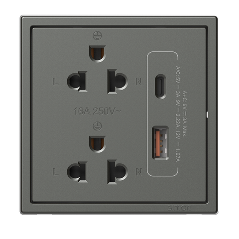 Bộ ổ cắm đôi 3 chấu chuẩn Âu Mỹ kèm ổ USB và Cổng sạc A+C màu xám Simon i7 71E7251-61