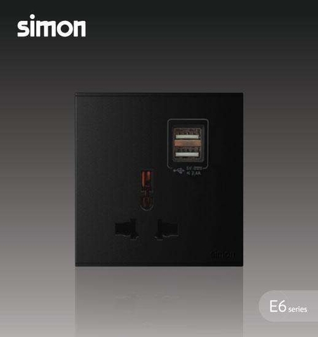 Simon E6 Bộ Ổ cắm đơn đa tiêu chuẩn 10A có cổng sạc USB (Đen), 72E725-26