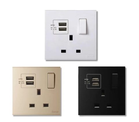 Bộ ổ cắm kiểu Anh 13A có cổng sạc USB màu Xám (Grey) Simon E6 721384-61