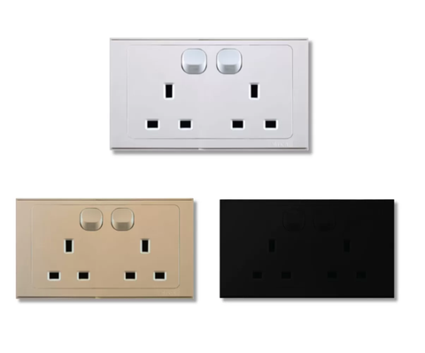 Bộ ổ cắm đôi kiêu Anh 13A + 2 công tắc tròn mặt vuông màu trắng Simon E6 724583