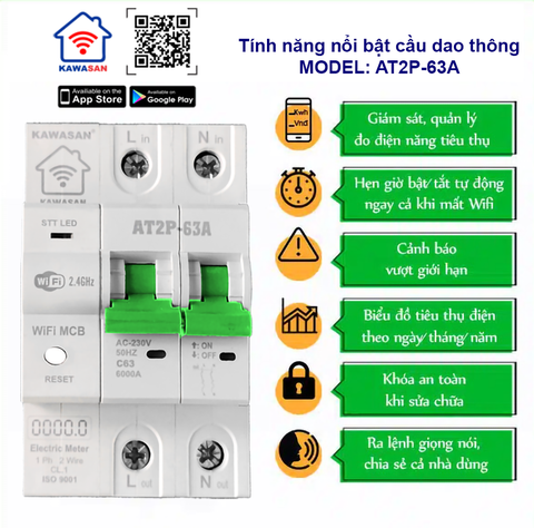 Aptomat Cầu Dao Thông Minh - Đo Năng Lượng Điện Kawasan AT2P-63A