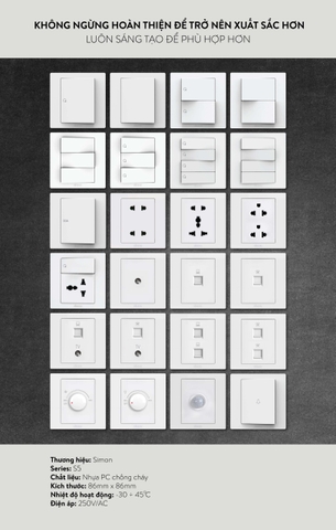  Bộ Công tắc chuông cửa 16A chuẩn vuông màu trắng Simon S5 S5250