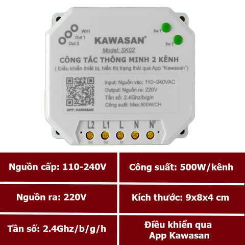 Công Tắc Wifi Thông Minh 2 Kênh Kawasan SK02