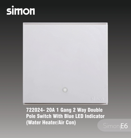 Bộ Công tắc đơn 20A, 2 chiều, 2 cực có đèn LED mặt vuông màu trắng Simon E6 722024