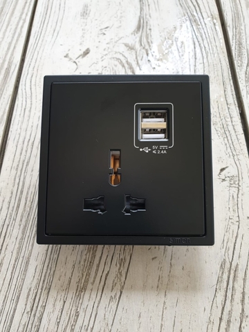 Simon i7 - Module Ổ cắm đa tiêu chuẩn + 2 cổng sạc USB (Đen), 70E725-26