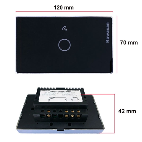 Công tắc wifi âm tường chữ nhật Kawasan CT1CB-WF-VB (Kính đen viền bạc)