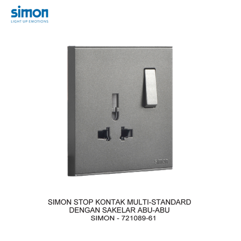 Bộ Ổ cắm đơn đa tiêu chuẩn 10A kèm công tắc mặt vuông màu Xám (Grey) Simon E6 721089-61