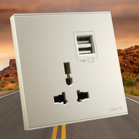 Bộ Ổ cắm đơn đa tiêu chuẩn 10A có cổng sạc USB màu Sâm Panh (Champagne) 72E725-46