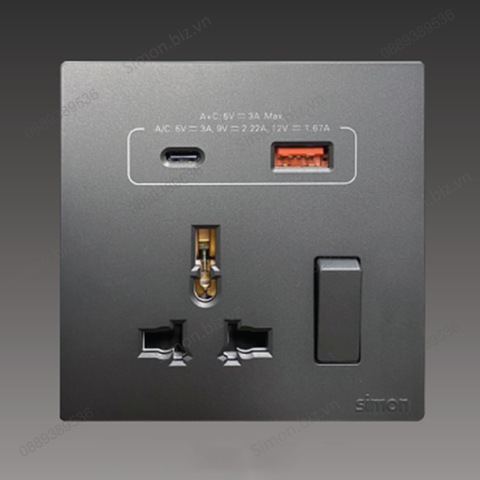 Bộ ổ cắm đa tiêu chuẩn có công tắc và cổng sạc A+ Type C màu Xám (Grey) Simon S6 58E7253-61