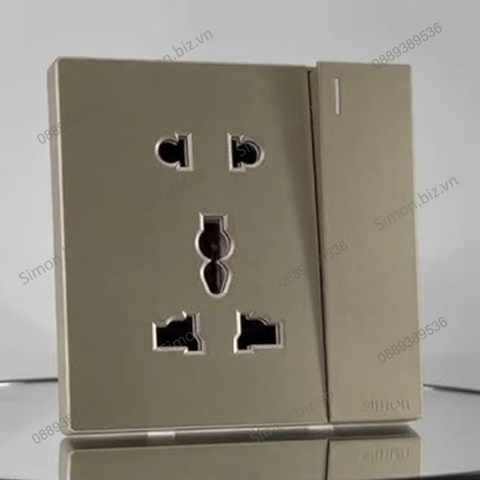 Bộ ổ cắm 3 chấu đa năng và ổ cắm 2 chấu thường kèm 1 công tắc  đơn 1 chiều mặt vuông màu Sâm Panh (chamgagne) cao cấp Simon S6 581080-46