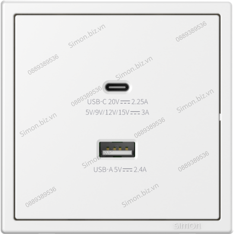 Module ổ cắm sạc USB (5V 2.4A) và ổ type C (45W) vuông màu trắng Simon i7 70E727