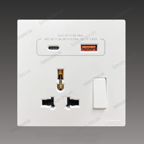 Bộ ổ cắm đa tiêu chuẩn có công tắc và cổng sạc A+ Type C màu trắng Simon S6 58E7253