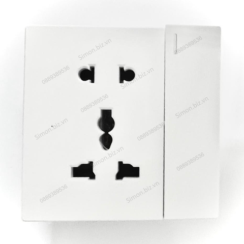 Bộ ổ cắm 3 chấu đa năng và ổ cắm 2 chấu thường kèm 1 công tắc  đơn 1 chiều mặt vuông màu trắng cao cấp Simon S6 581080
