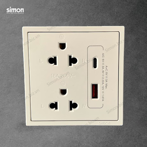 Bộ ổ cắm đôi 3 chấu chuẩn Âu Mỹ kèm ổ USB và Cổng sạc A+C màu trắng Simon i7 71E7251